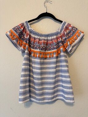 THML Blue and Orange Striped Off-Shoulder Tassel Blouse